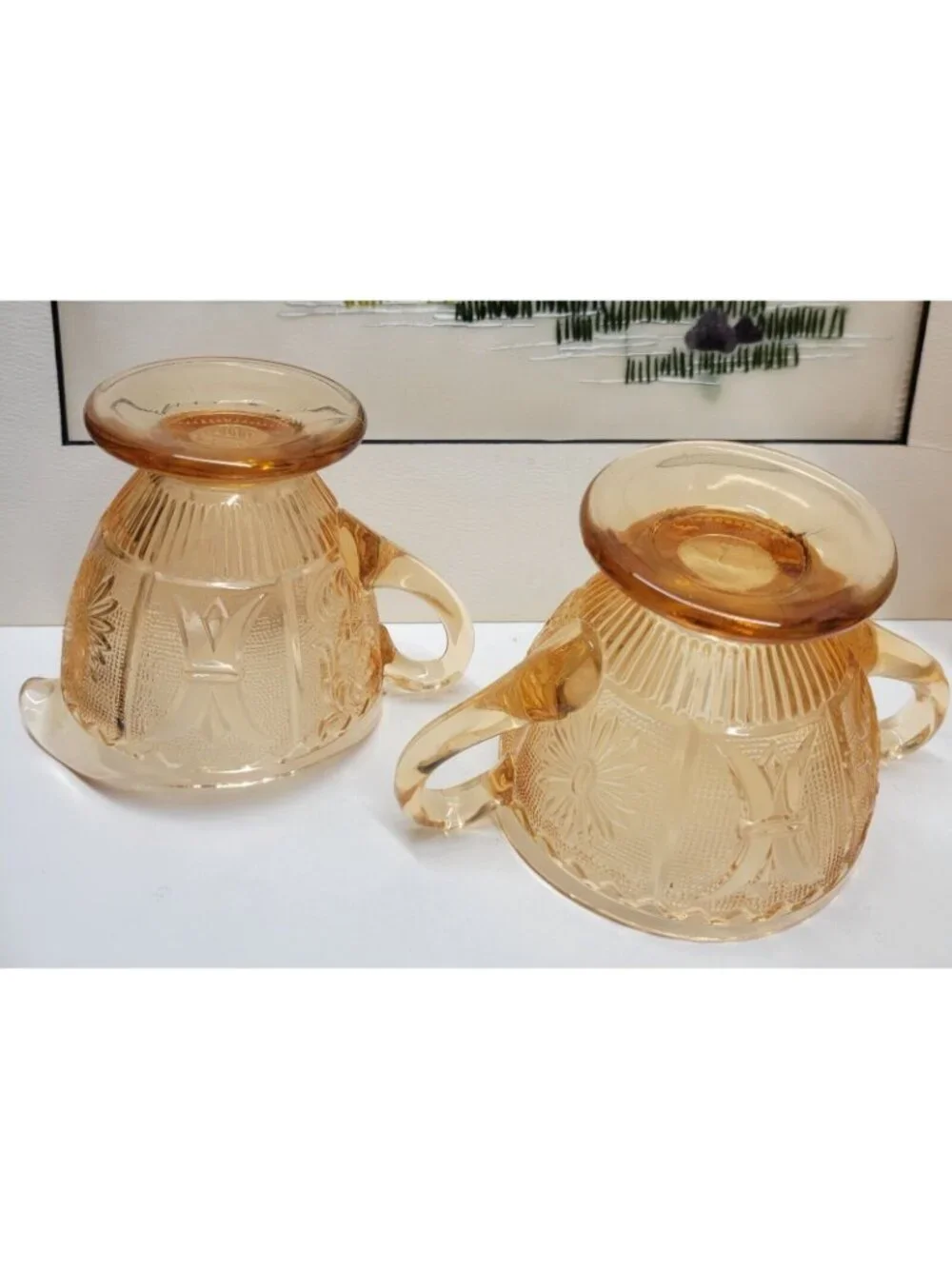 Westmoreland Glass Princess Feather Amber Golden Sunset Sugar Bowl & Creamer Set